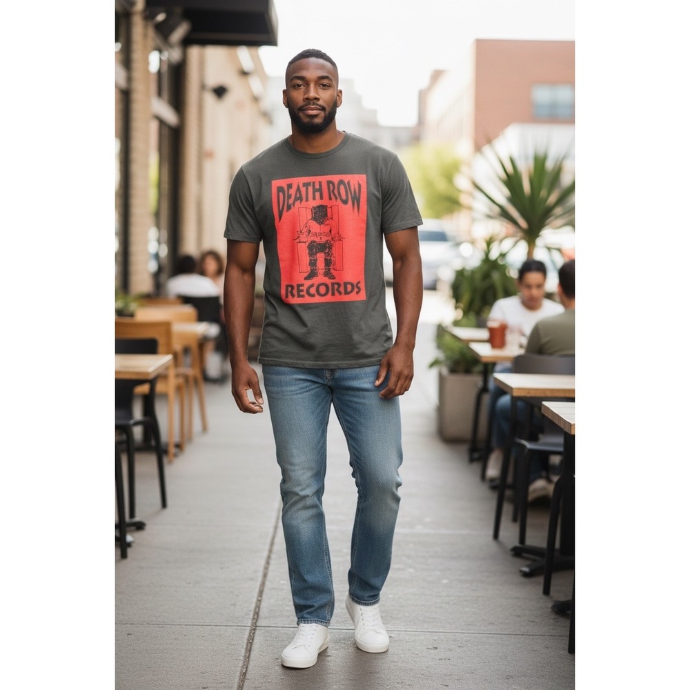 Death Row Records Graphic T-Shirt Mens Charcoal Gray Red Logo Hip Hop Streetwear